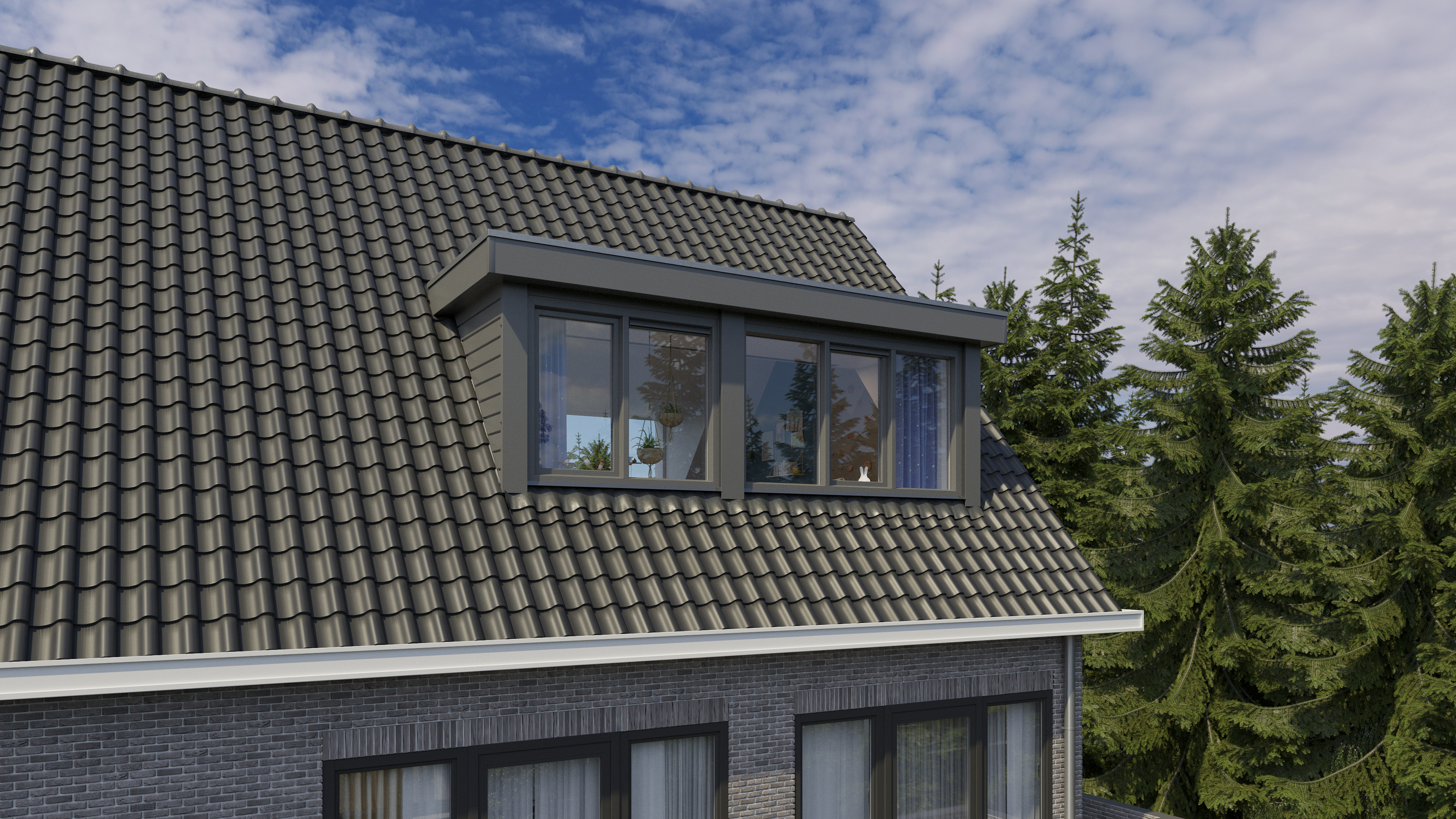 Wat kost een dakkapel van 5 meter of meer? Zwarte dakkapel plat dak modern 5 meter.