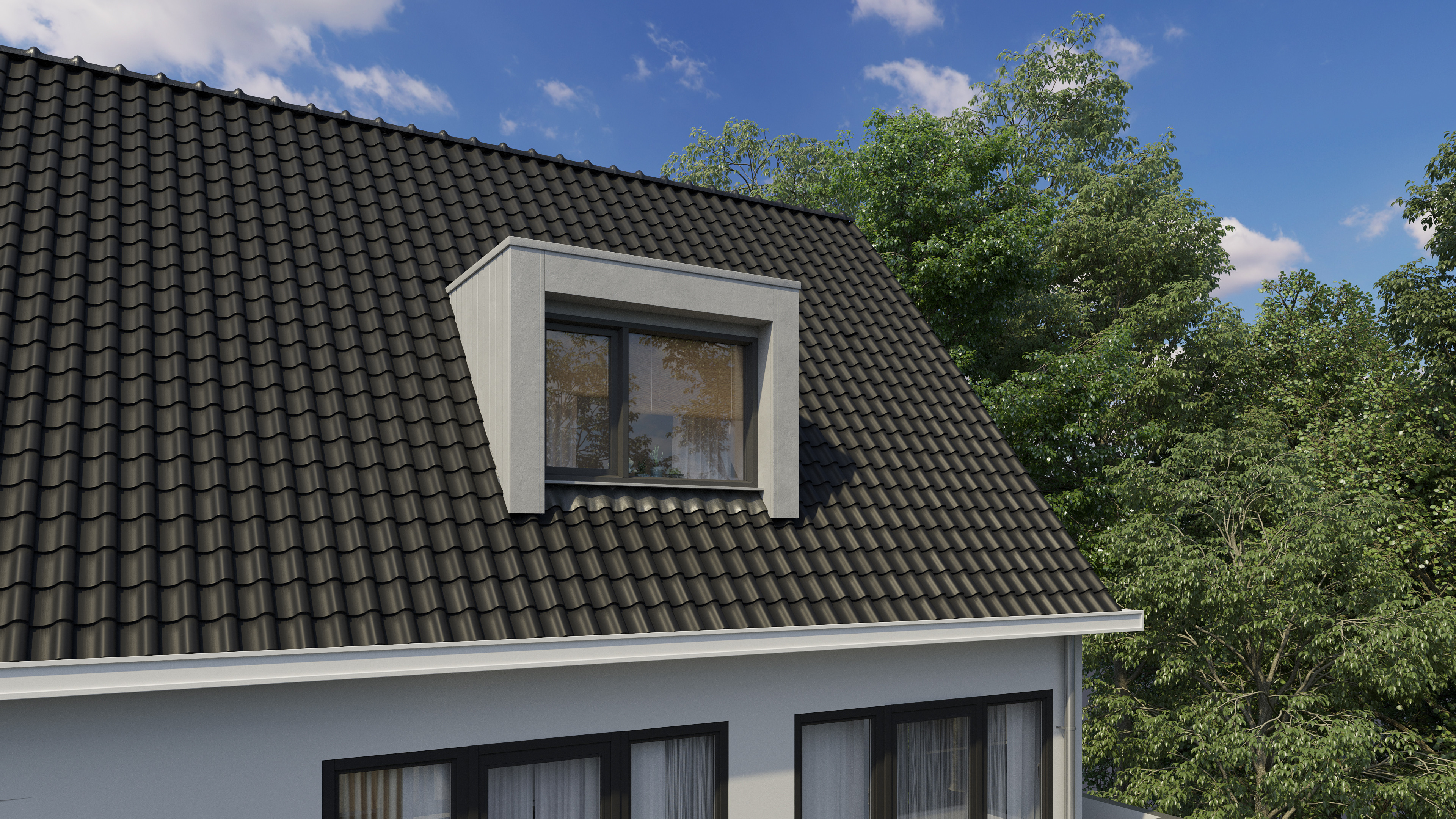 Grijze dakkapel van 2,5 meter op zwart dak. Kosten dakkapel 3 meter inclusief montage, verschilt in indeling.