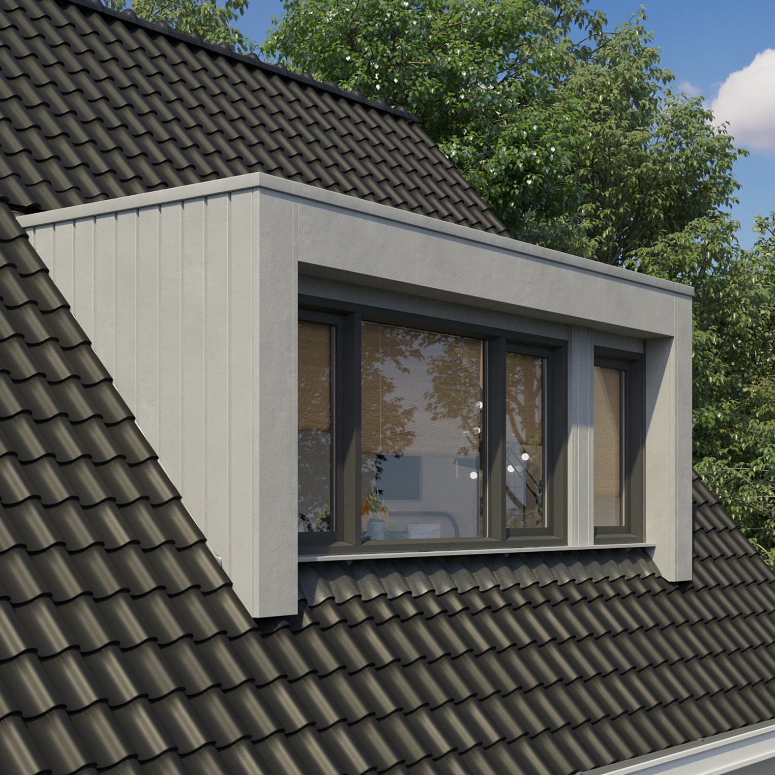 Moderne dakkapel met plat dak.