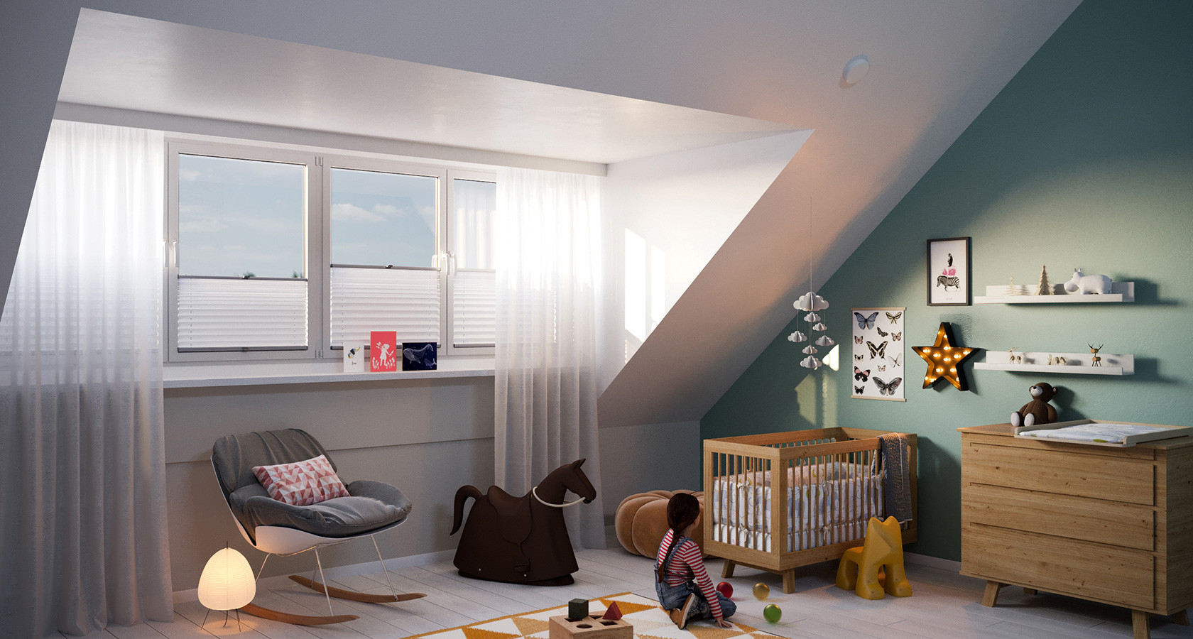 Binnenaanzicht dakkapel kinderkamer plat dak.